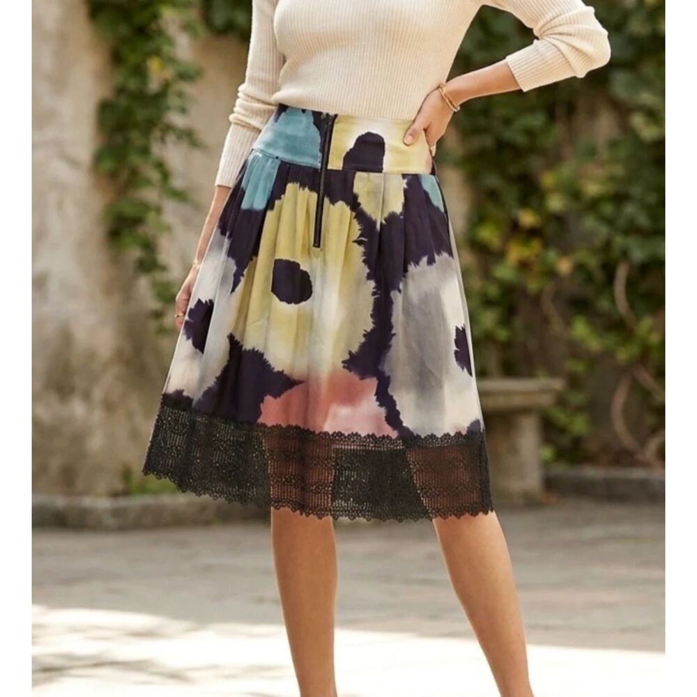 LEIFSDOTTIR Skirt Womens 4 Anthropologie Floral Poppy Blossom Lace silk feminine